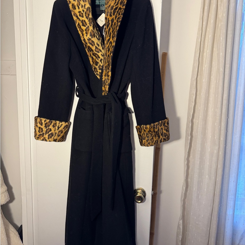 Ralph Lauren Black Robe Style Jacket with Leopard Print Trim